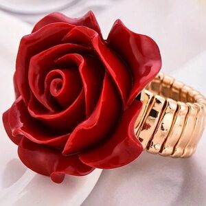 Red Rose Shiny resin stretch gold band statement ring